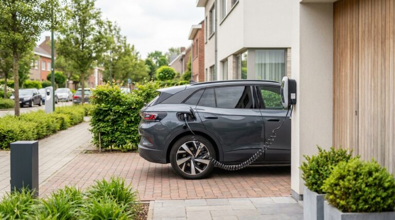 Coût recharge véhicule électrique Belgique : voiture branchée à une borne privée à domicile