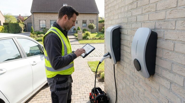 Déclaration borne de recharge : installateur vérifiant une borne à domicile en Belgique